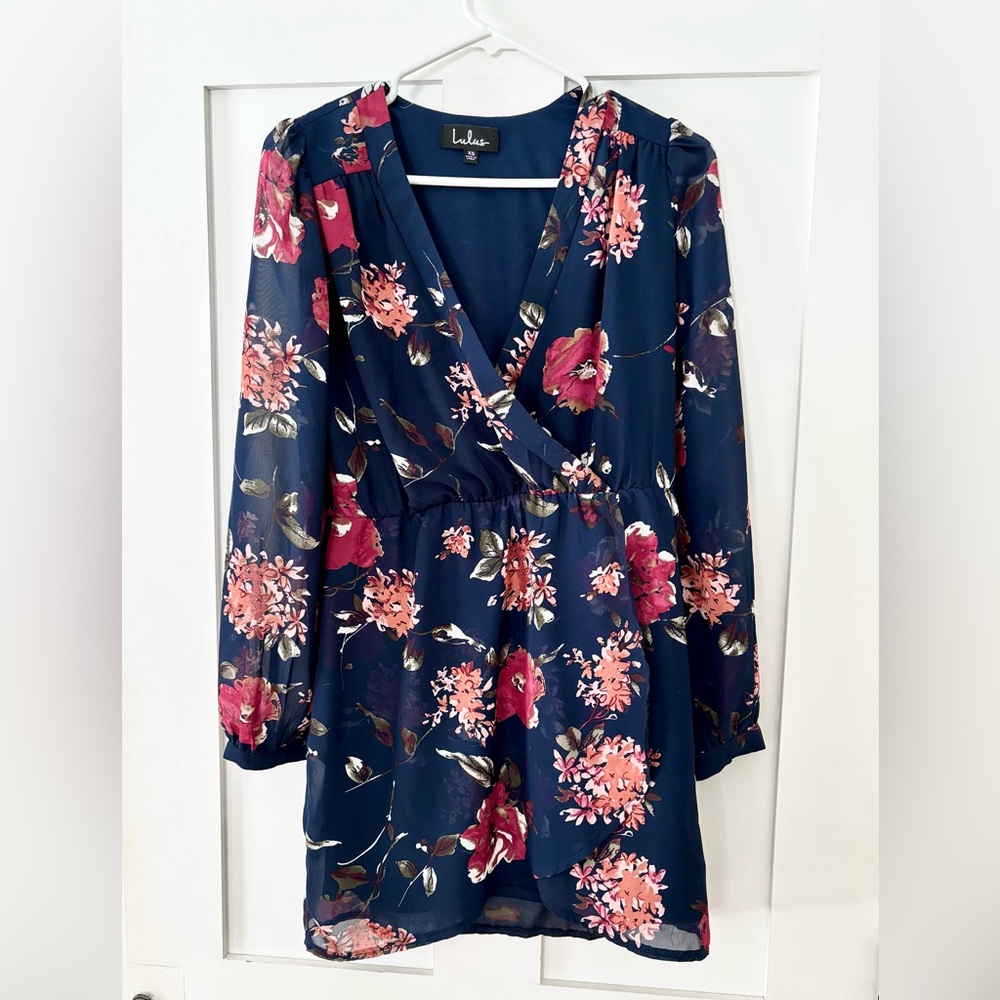 Lulu's Blue and Pink Floral Long Sleeve Dress